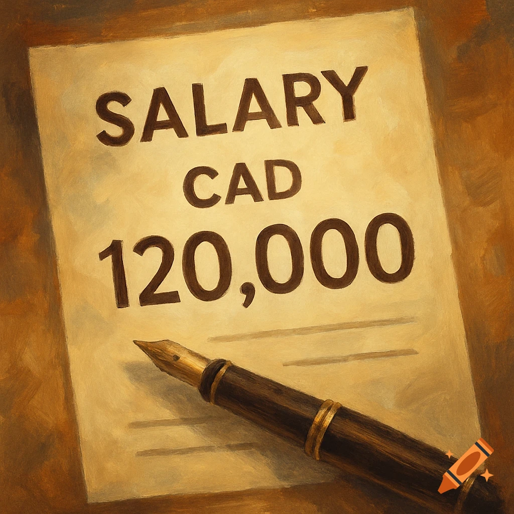 A document with SALARY CAD 120,000 written on it and a fountain pen, in a painting style.