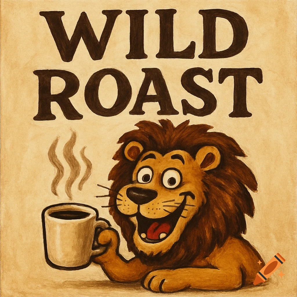 Cartoon logo with a funny lion holding a coffee cup and the text 'WILD ROAST'