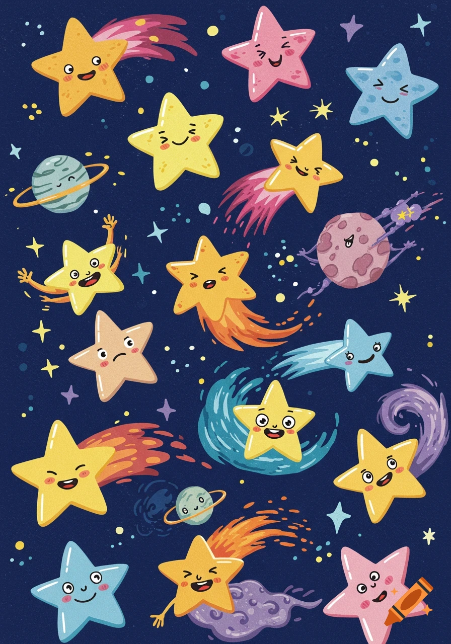 Cartoon illustration of smiling stars and planets in space.