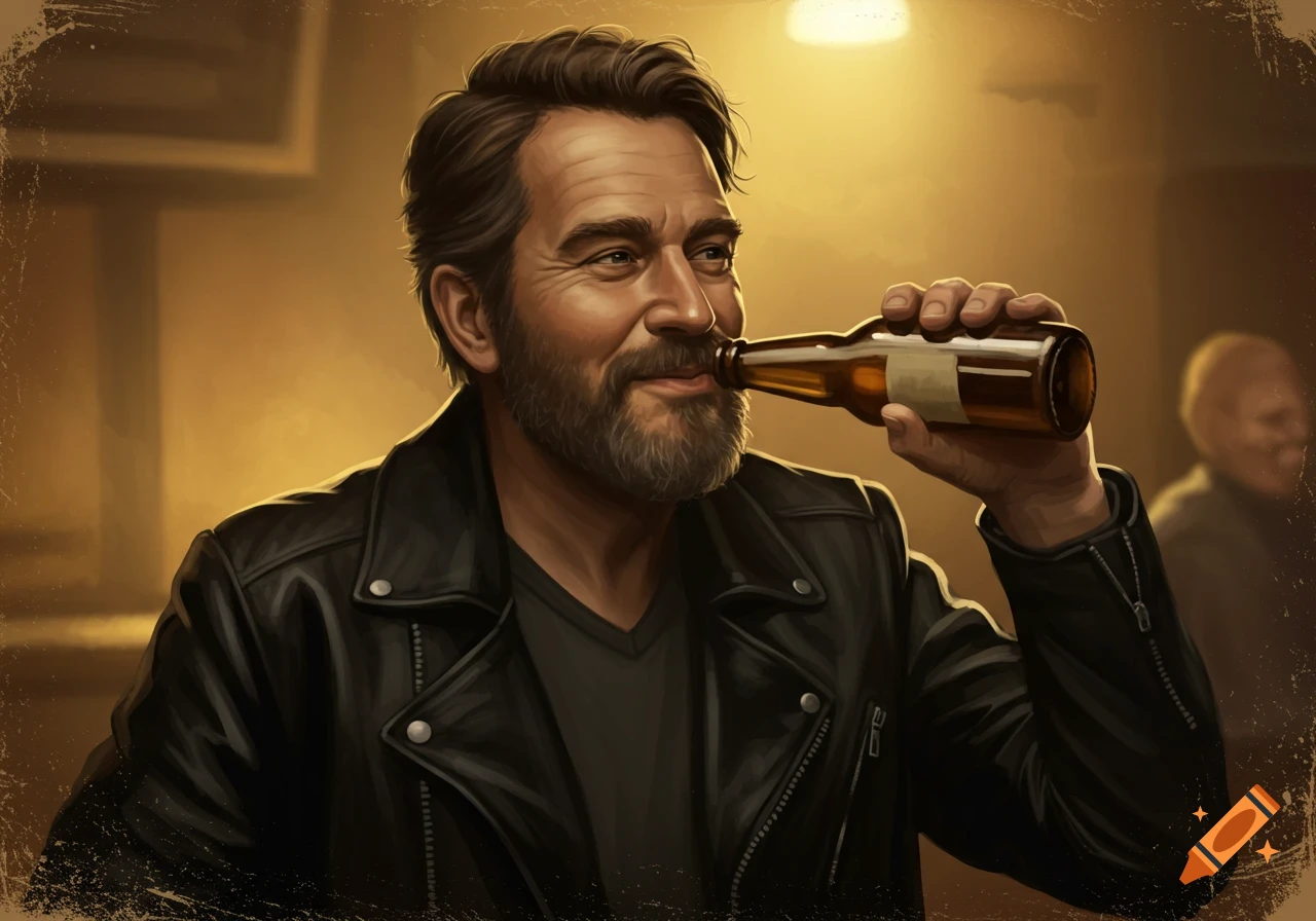 A bearded man in a leather jacket drinks a beer in a dimly lit bar.