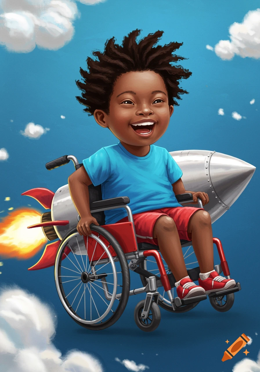 Smiling boy in a wheelchair with a rocket attached, flying through a cloudy sky, illustration.