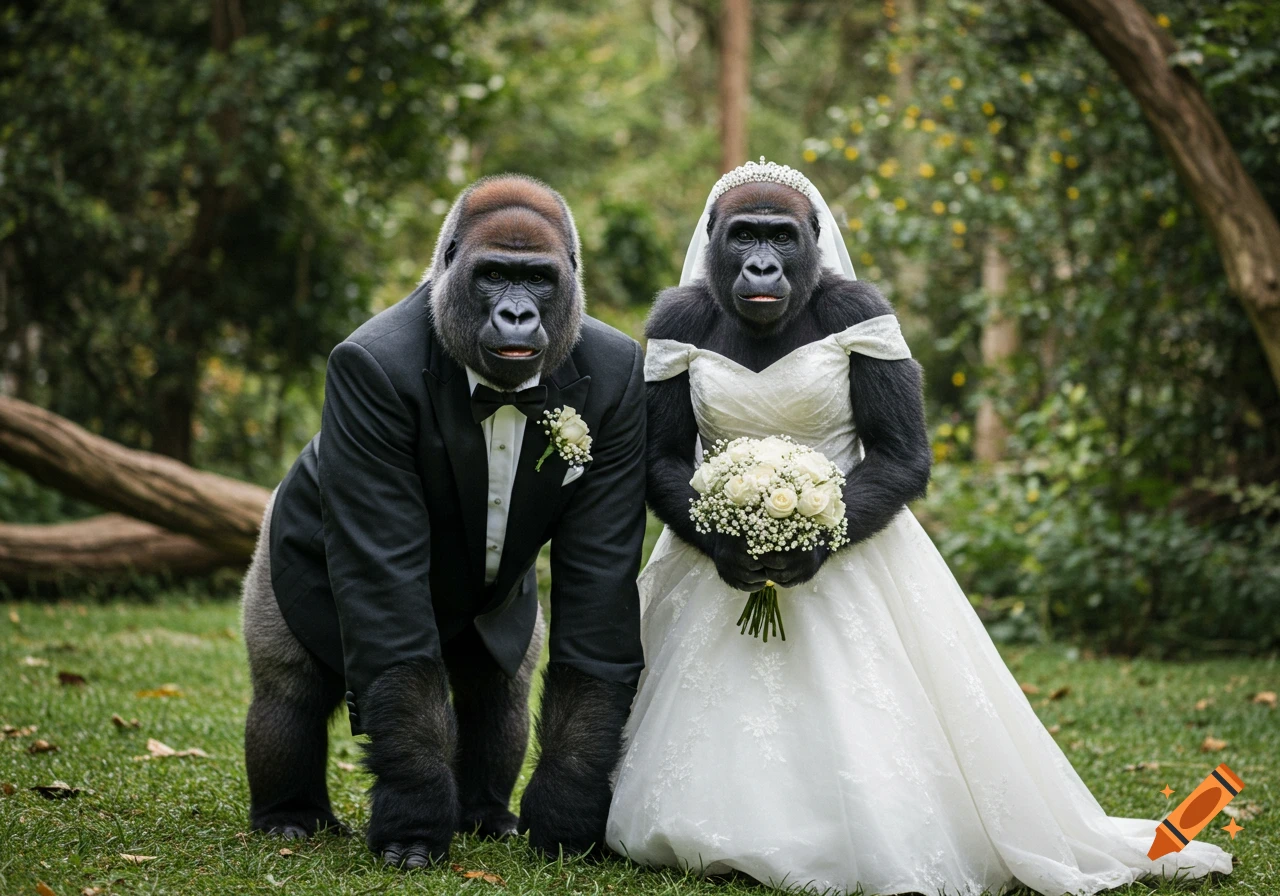 Two gorillas dressed in wedding attire stand in a forest setting.