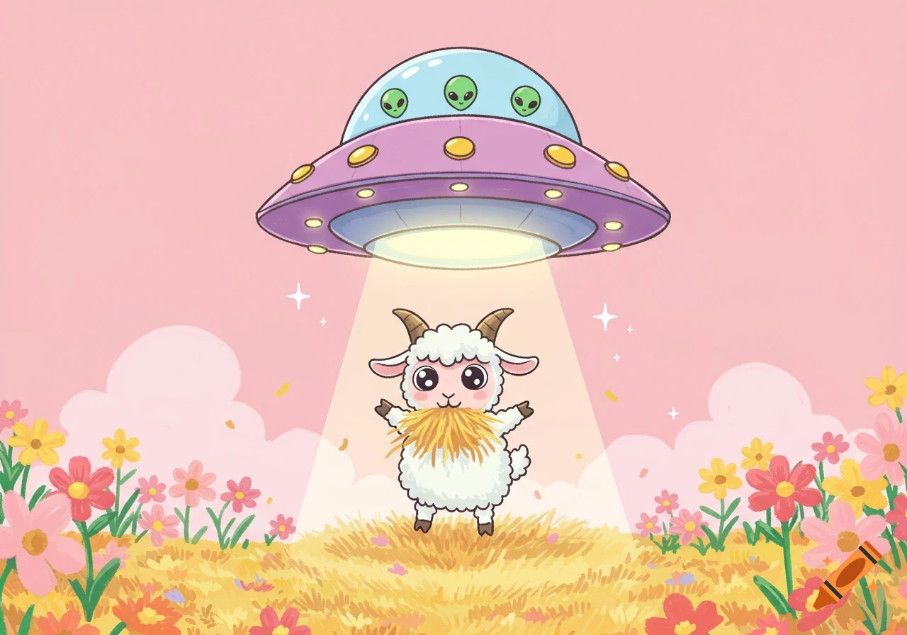 Cute cartoon goat eating hay, being abducted by a UFO in a field of flowers.