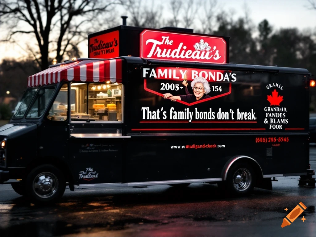 Black food truck with a grandma logo and red and white striped awning