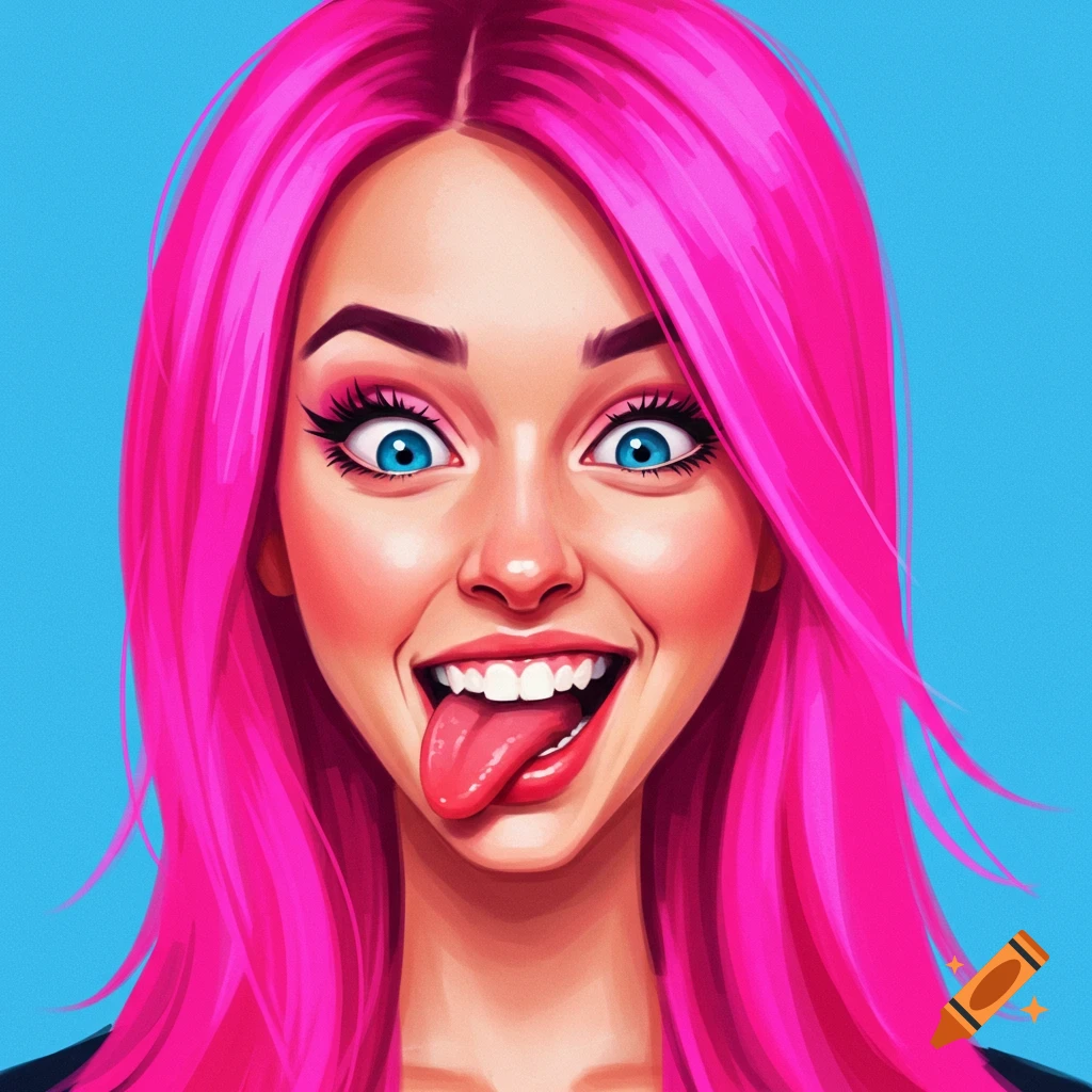Illustration of a woman with bright pink hair sticking her tongue out and making a funny face against a blue background.