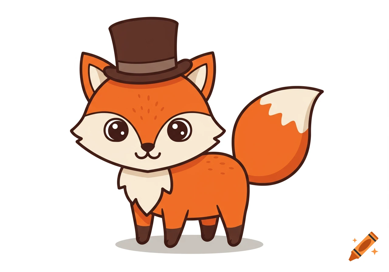 Cute cartoon fox wearing a brown top hat.