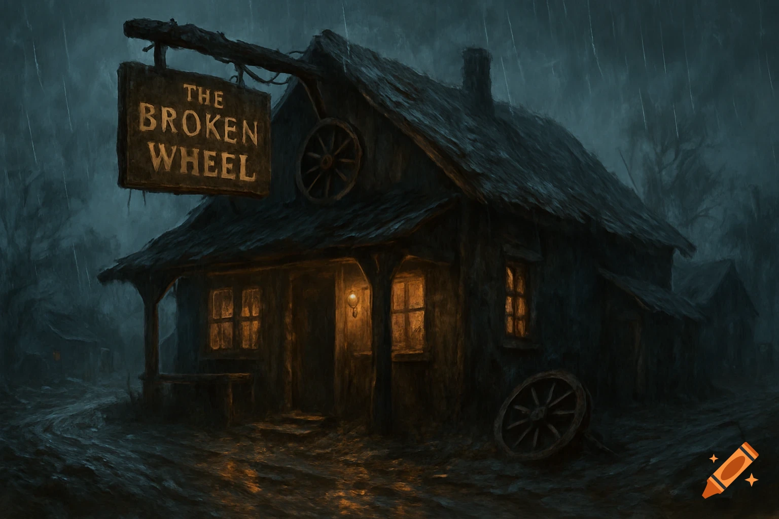 A gloomy tavern called 'The Broken Wheel' sits in the rain on a dirt road.