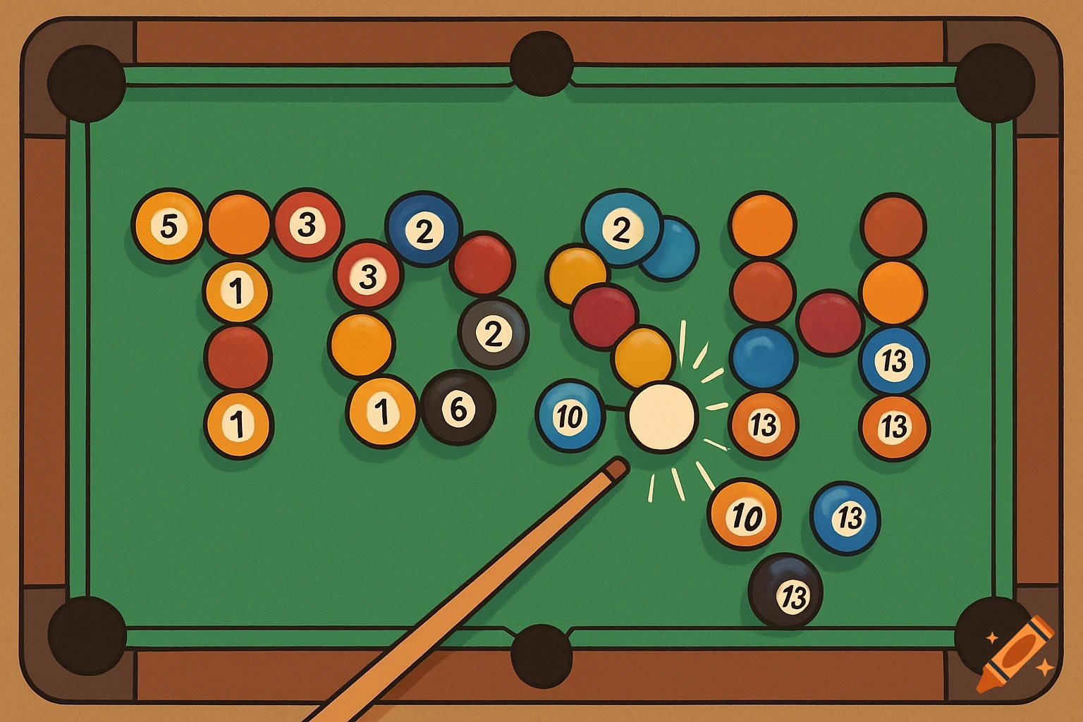 Cartoon top-down view of a pool table with balls arranged to spell 'Tosh', a cue stick is hitting the cue ball.