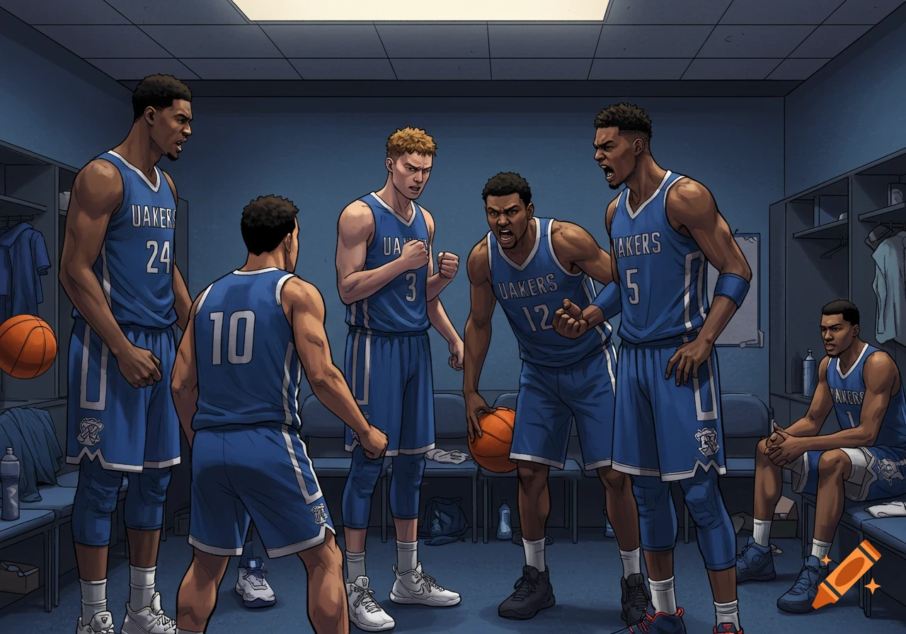 Basketball players in a locker room arguing, illustrated in a comic style.