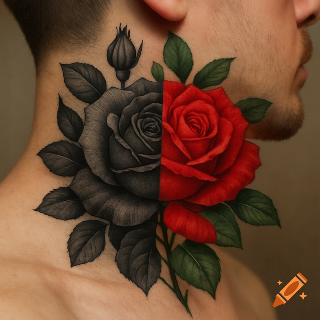 Neck tattoo of a rose split into black & white and red & green sections