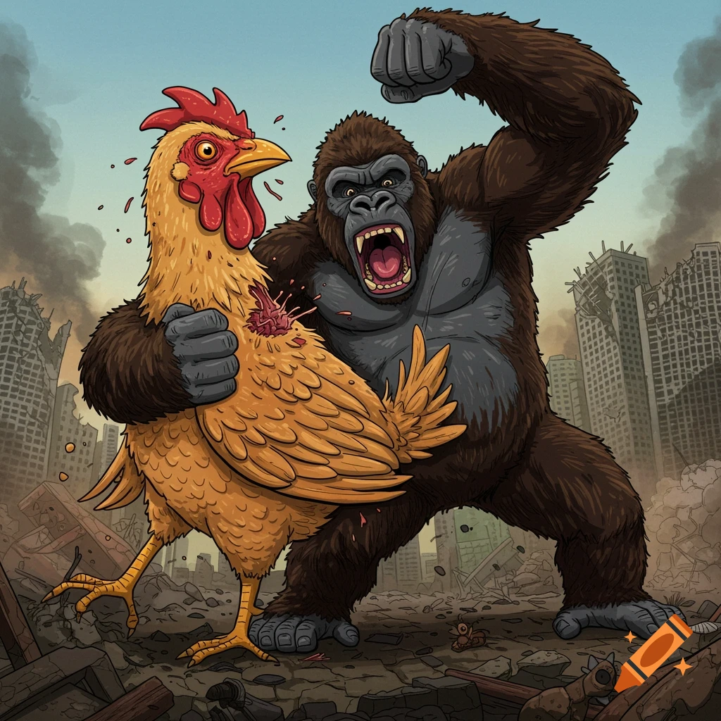 Cartoon gorilla punching a giant chicken in a ruined city