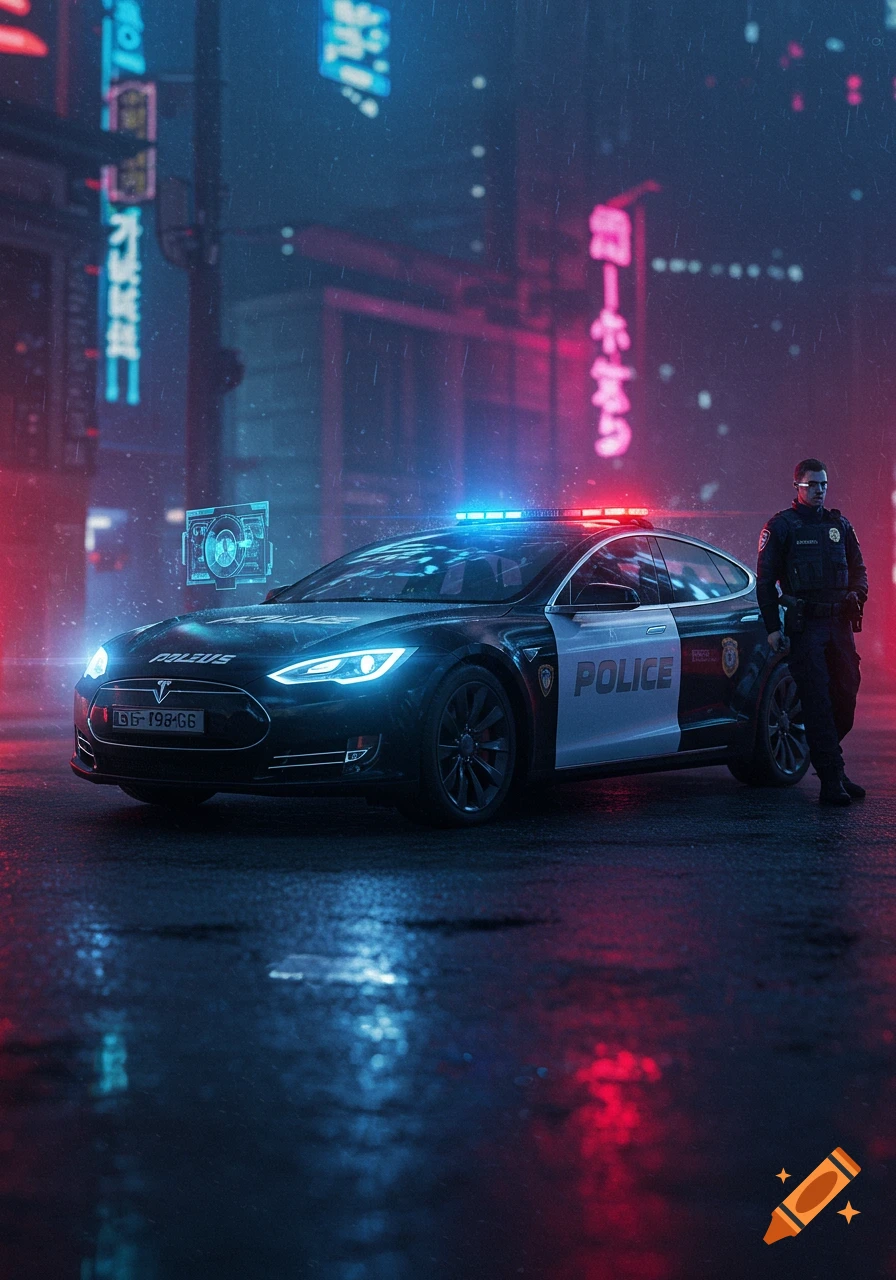 Futuristic police car and officer on a rainy street at night in a cyberpunk city.