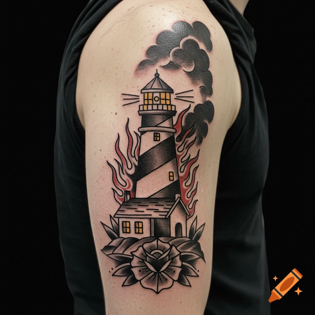 American traditional tattoo of a burning lighthouse with a house and rose on an arm.
