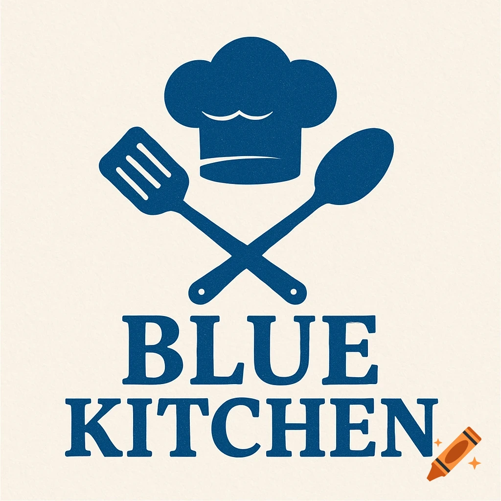 A blue logo featuring a chef's hat, crossed spatula and spoon, and the text 'BLUE KITCHEN'.