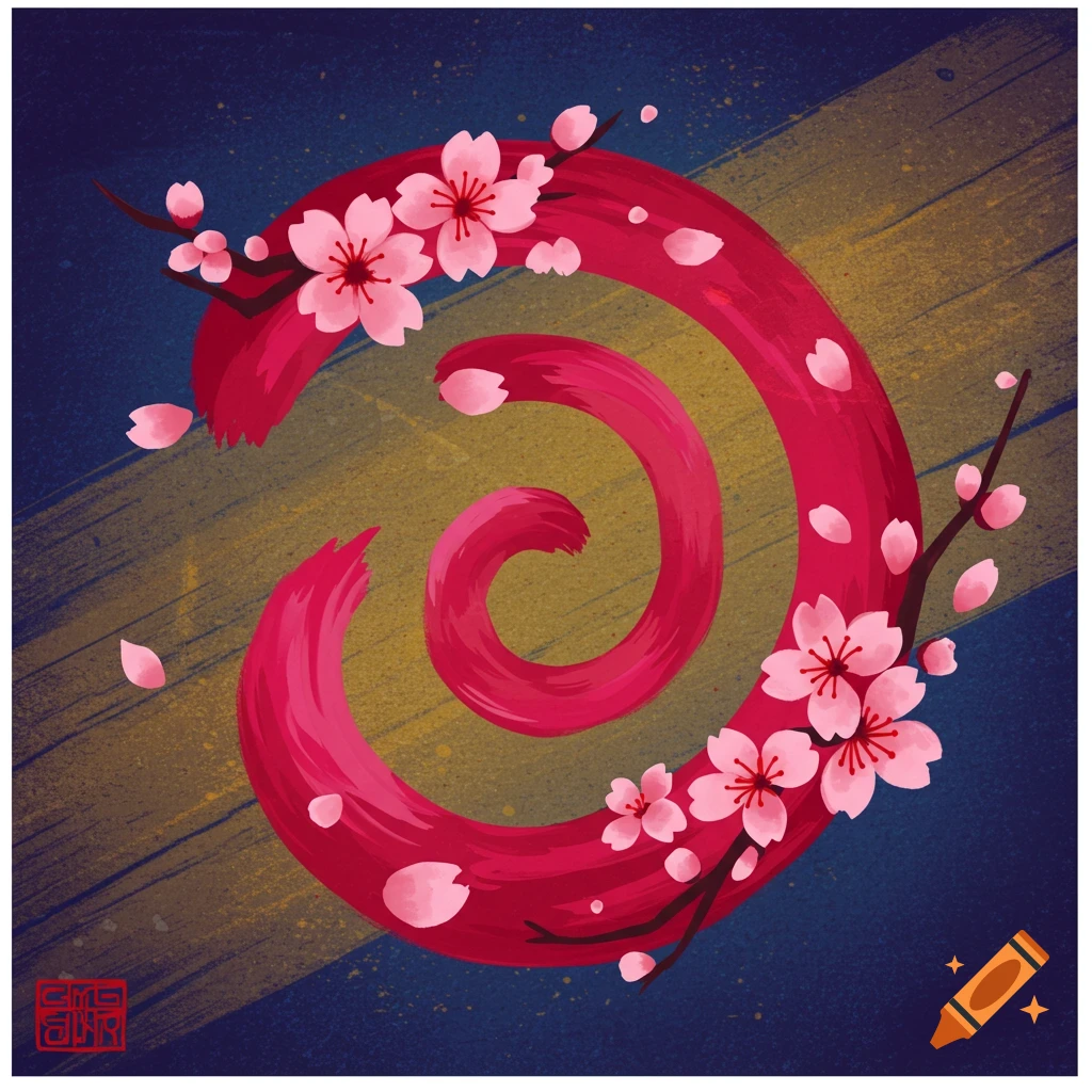 Abstract pink spiral symbol with cherry blossoms on a textured blue and gold background.