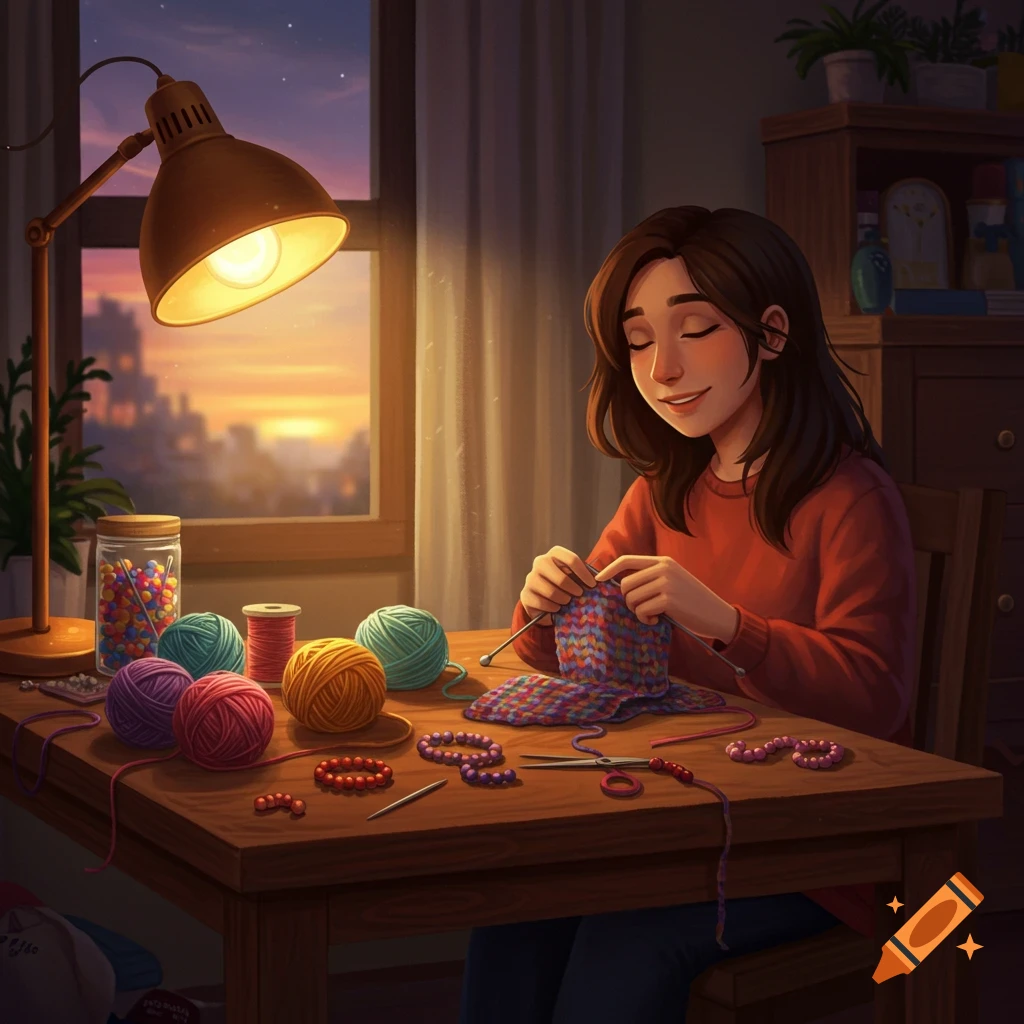 Illustration of a woman knitting at a table with yarn, needles, and crafting supplies under a warm lamp, with a sunset city view.