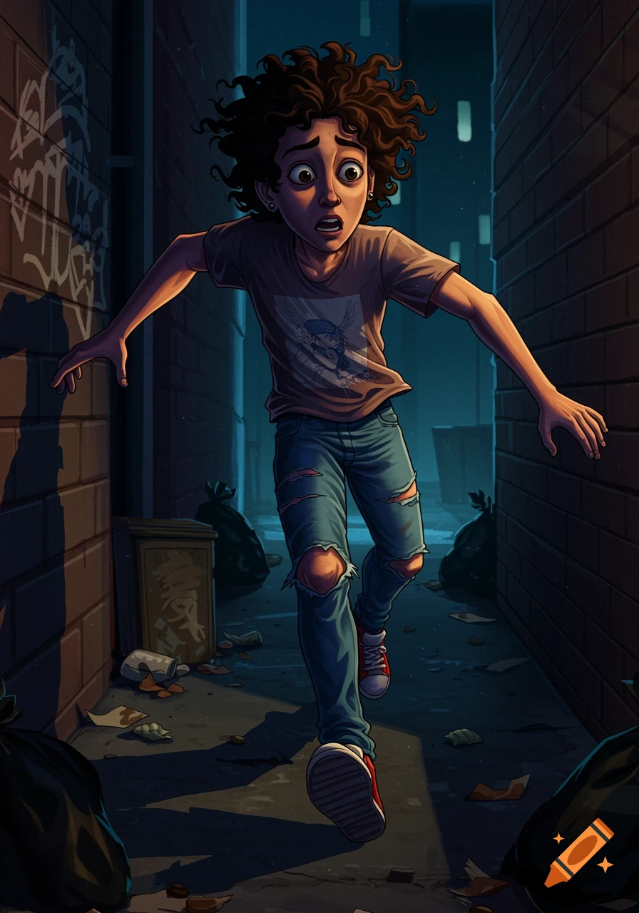 Illustration of a scared teenager running through a dark alleyway.