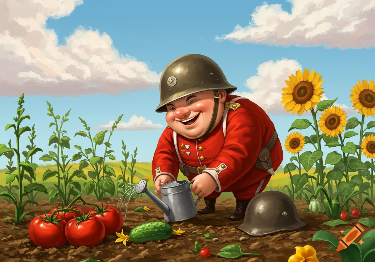 A chubby cartoon soldier in a red uniform and helmet happily waters tomatoes and cucumbers in a sunny garden.