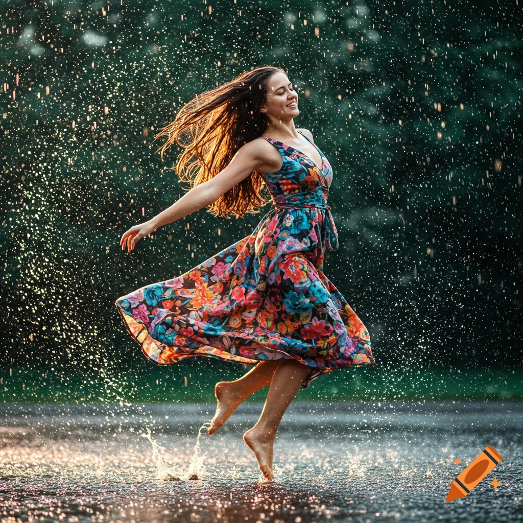 Photorealistic image of a woman in a colorful dress dancing happily in the rain, splashing water