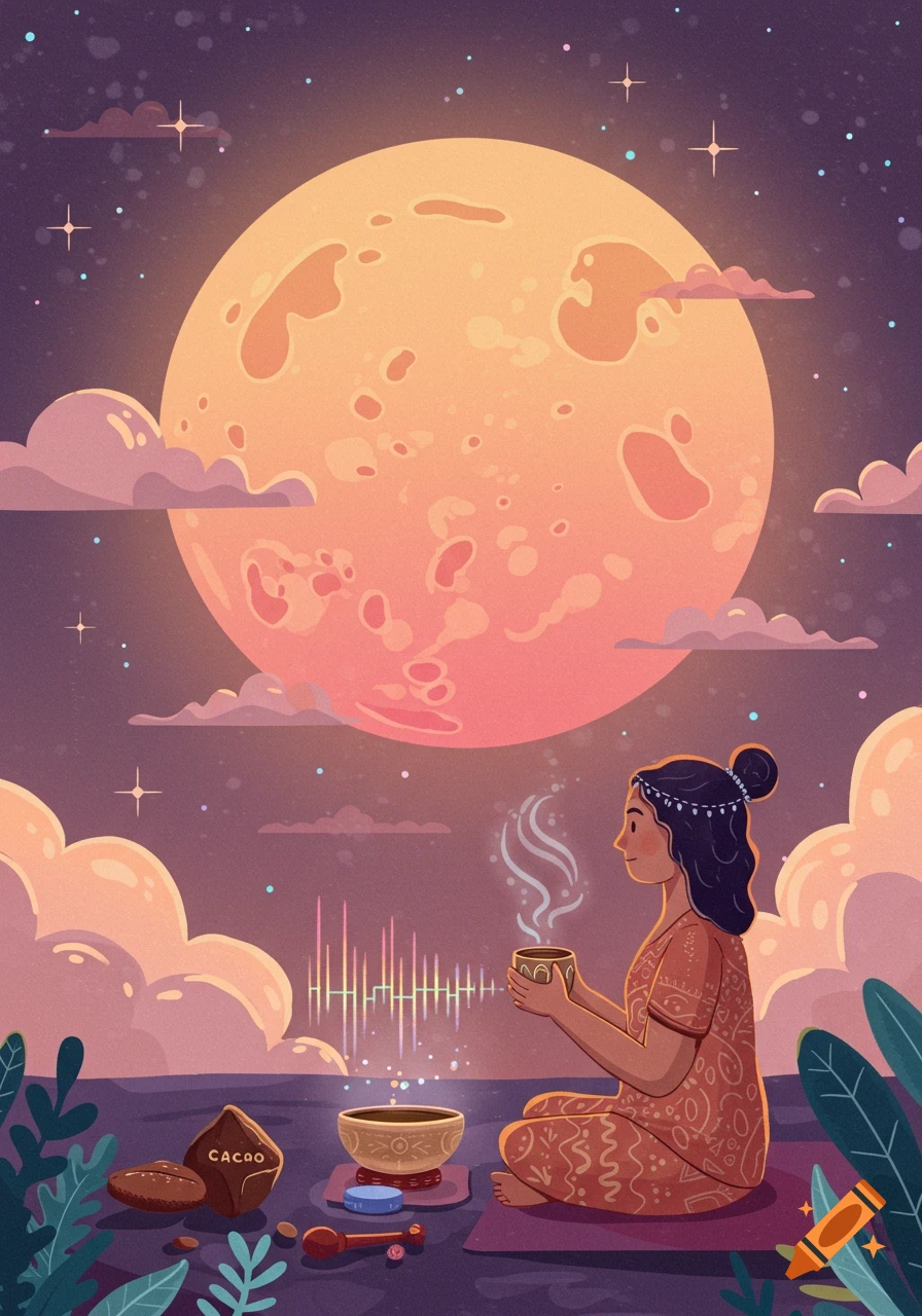 A person sits meditating on a mat with a sound bowl and cacao under a large full moon in a cartoon style.
