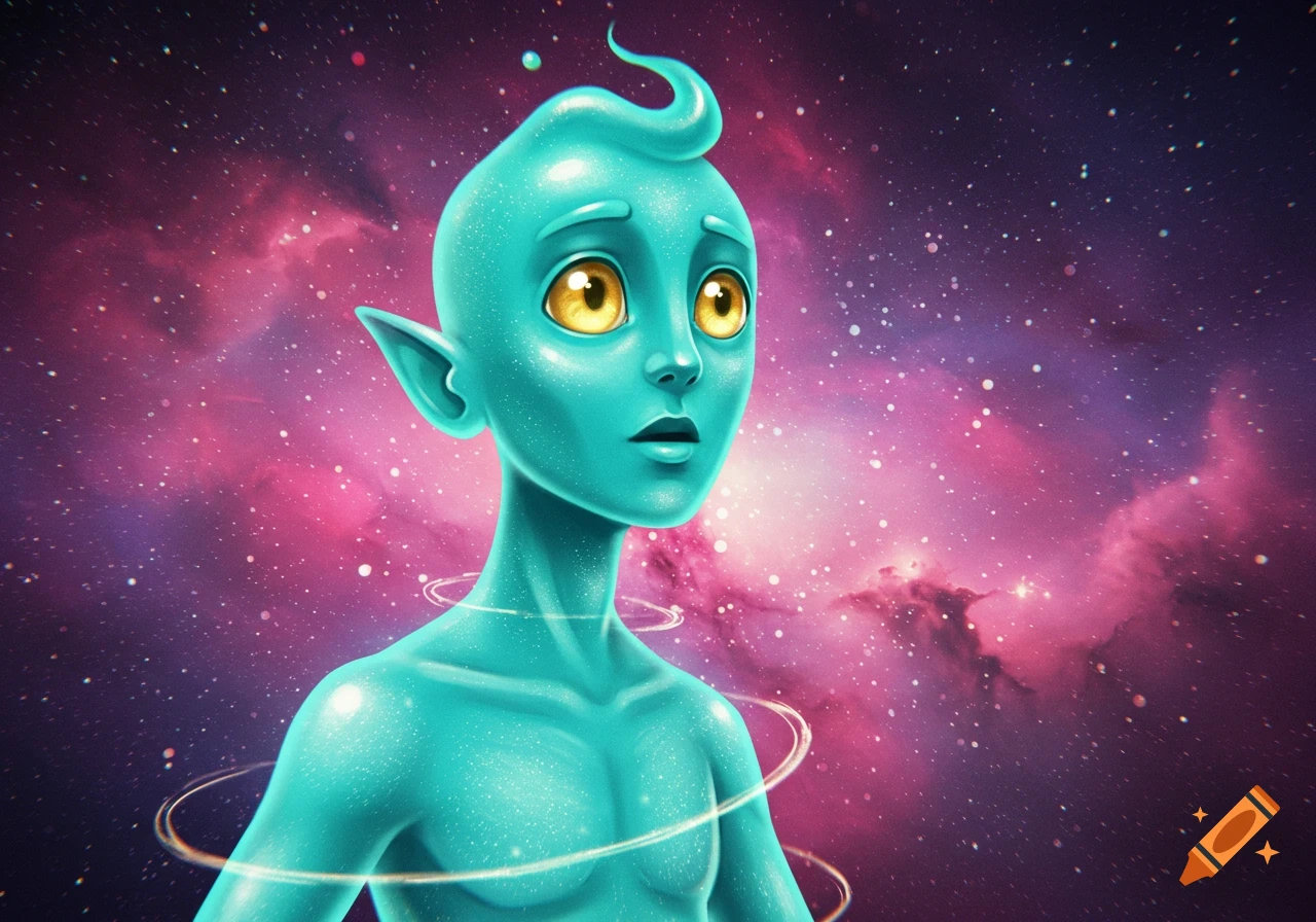 Stylized teal alien creature with large yellow eyes and rings around its torso, against a vibrant pink and purple space nebula background.