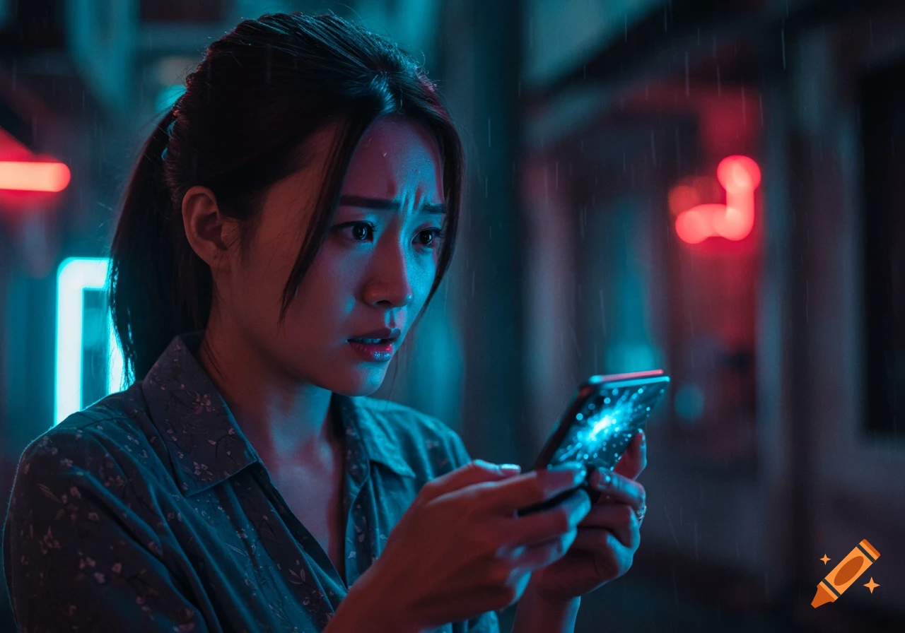 Young woman looking at phone in rain under neon lights at night