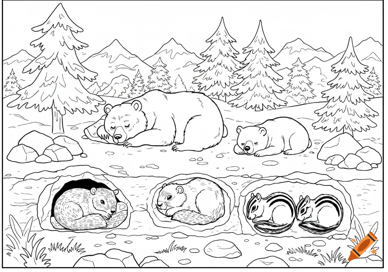 A black and white coloring page showing sleeping bears, a groundhog, and chipmunks in a winter mountain landscape.