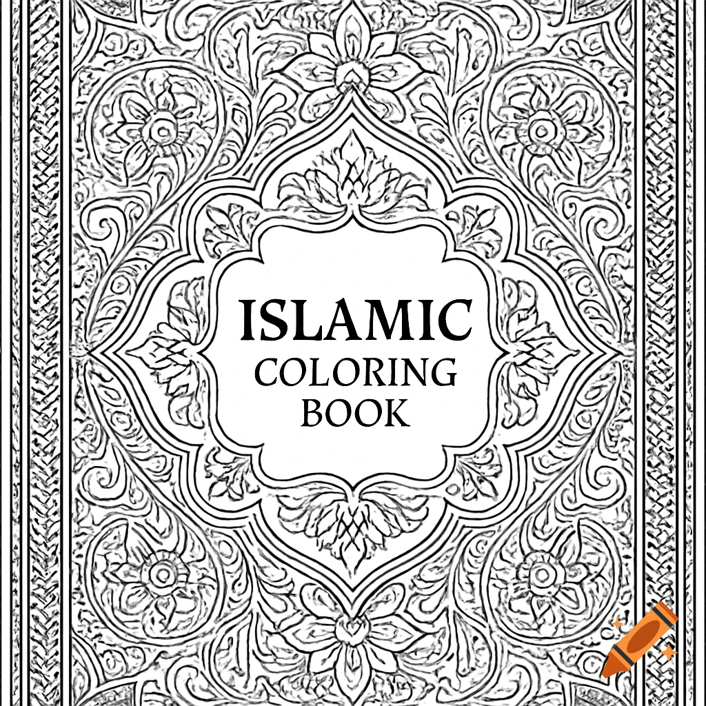 Black and white line art cover design for an Islamic Coloring Book, featuring intricate arabesque patterns and geometric motifs.