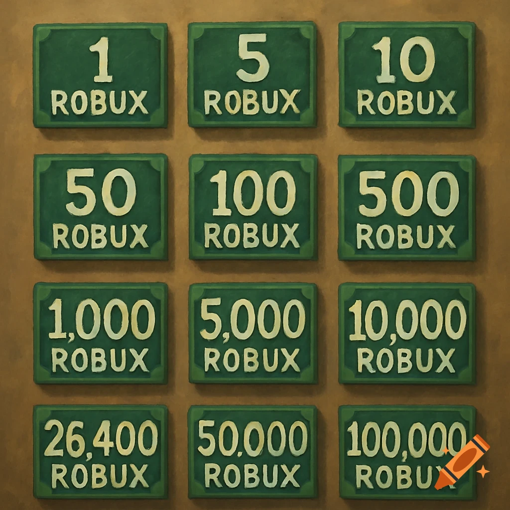 Grid of 12 green plaques with Robux denominations on a brown background.