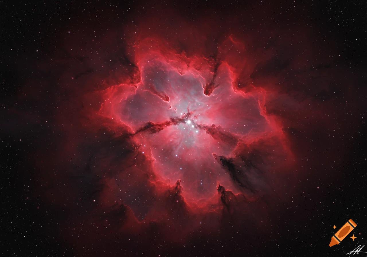 A bright red and pink nebula in space filled with stars.