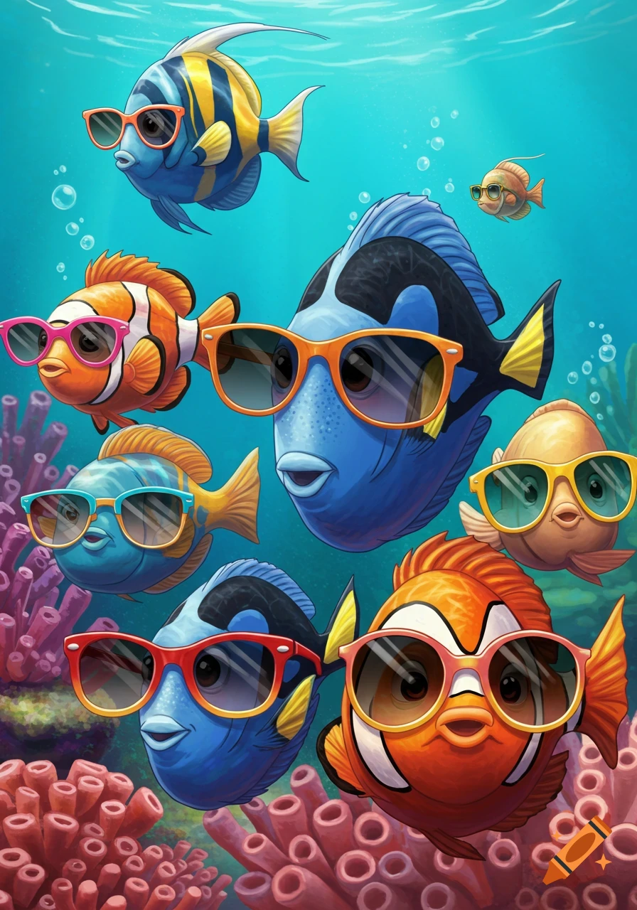 A group of colorful cartoon fish swim underwater among coral, all wearing sunglasses.