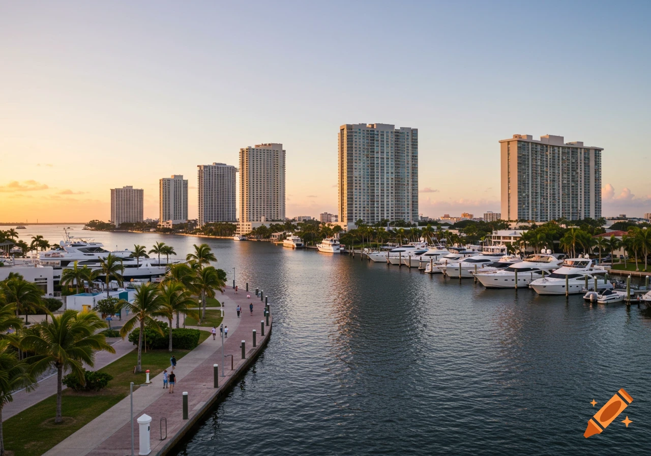 Waterfront view of modern buildings, numerous yachts in a marina, and a paved path with people walking under palm trees.