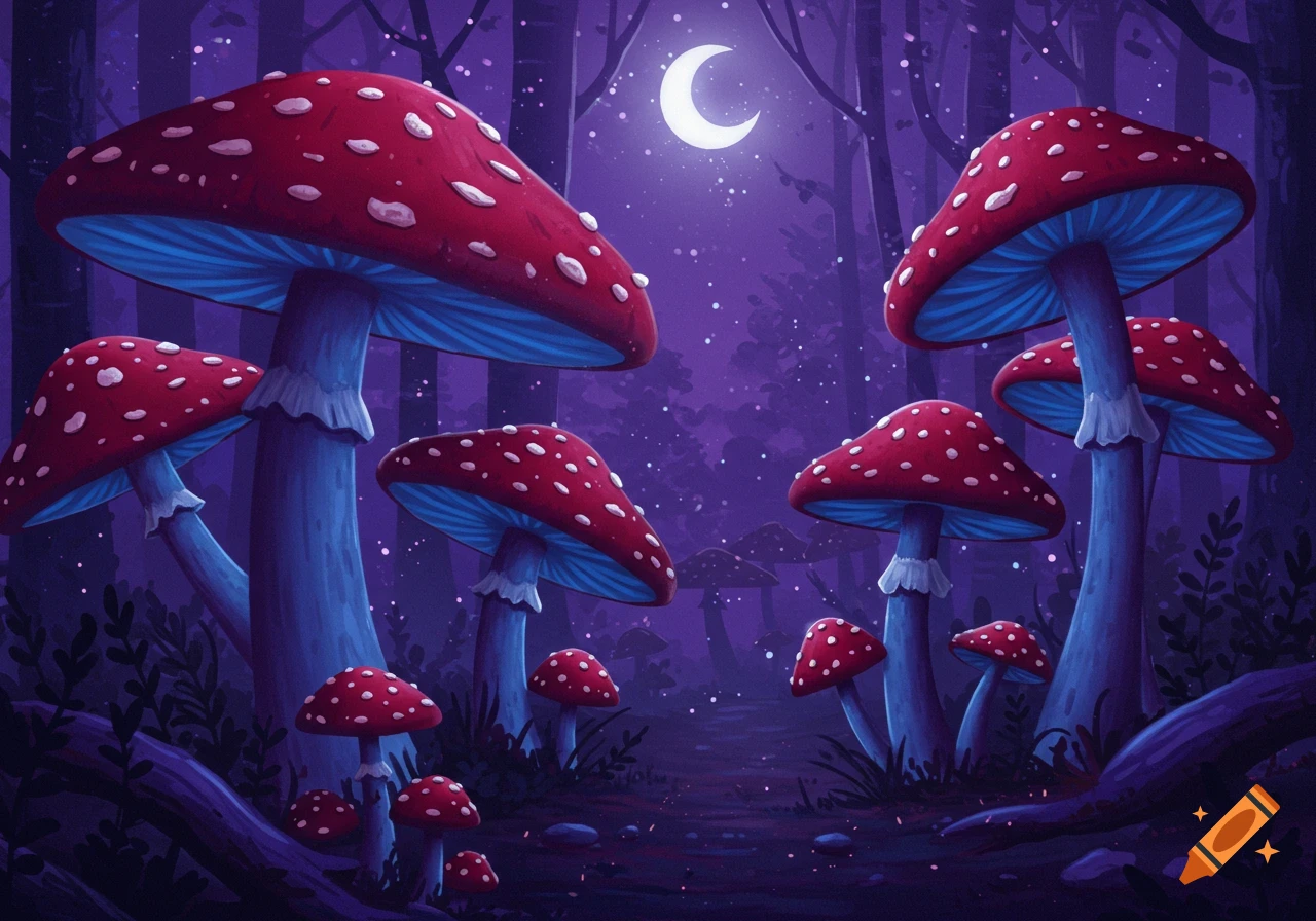 A whimsical fantasy forest with giant red and white spotted mushrooms glowing under a crescent moon in a purple light.