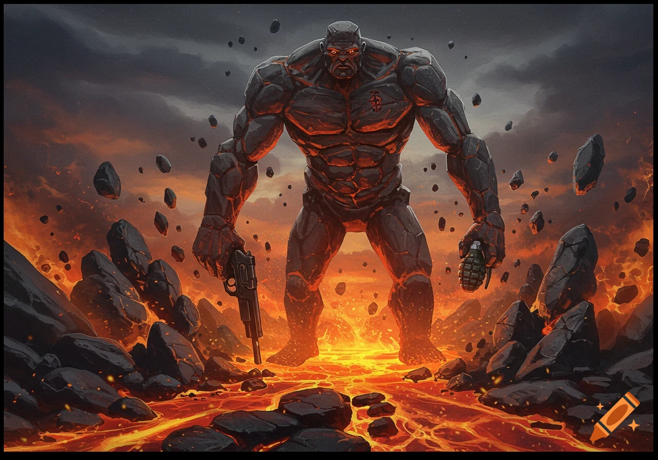 Rock golem creature stands in volcanic landscape holding a pistol and grenade.