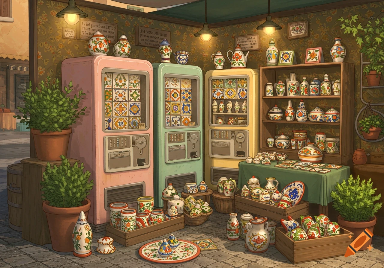 An illustrated market stall with vintage vending machines dispensing colorful tiles and shelves filled with decorative pottery items.