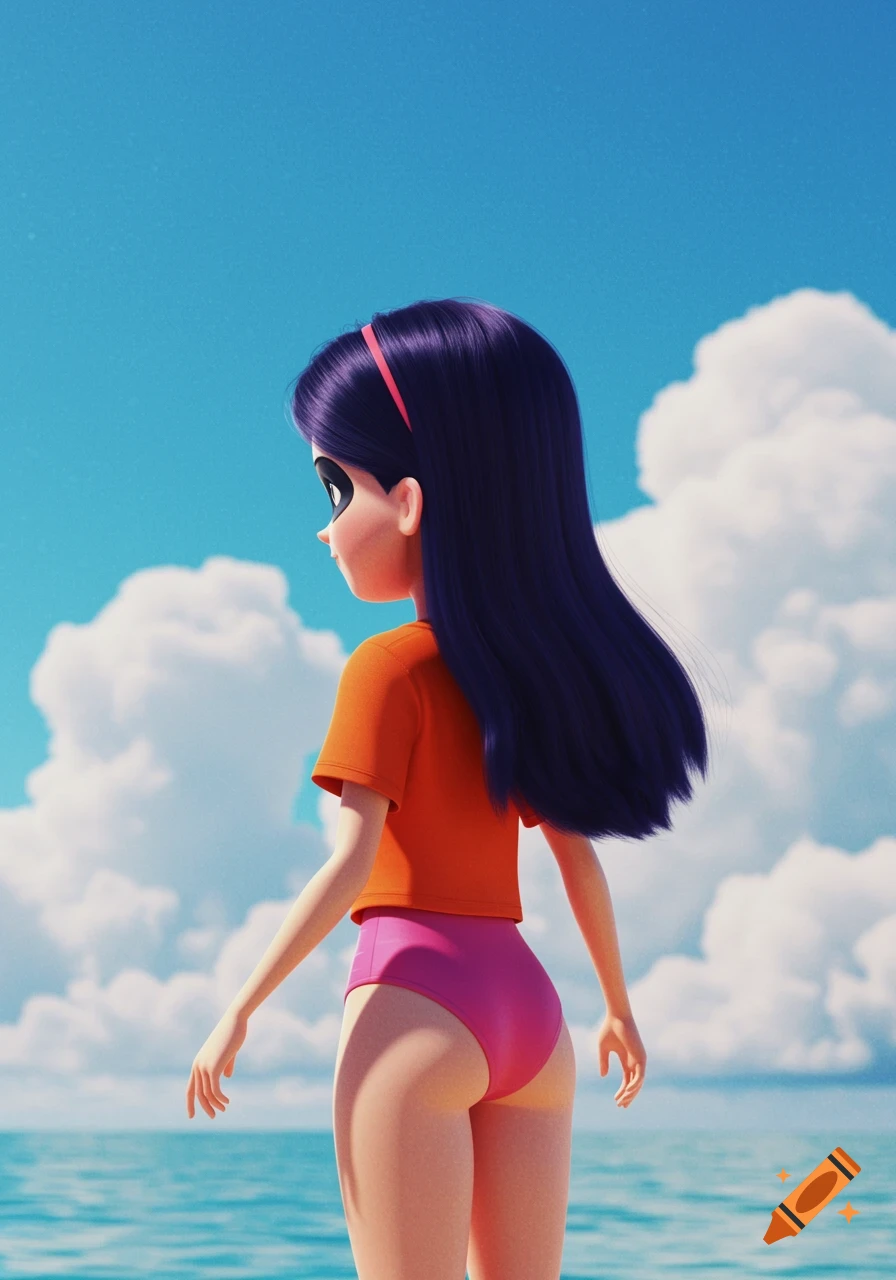 CGI animation of Violet from The Incredibles on a beach, facing back and looking at the sea, wearing an orange t-shirt and pink swimsuit.