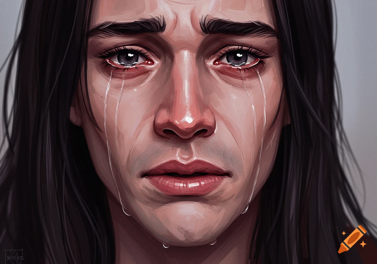 Close-up illustration of a person crying with tears streaming down their face.