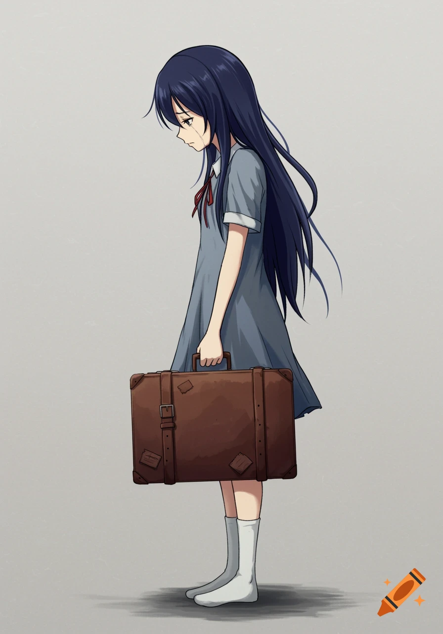 Anime illustration of a sad girl with dark blue hair holding a brown suitcase.