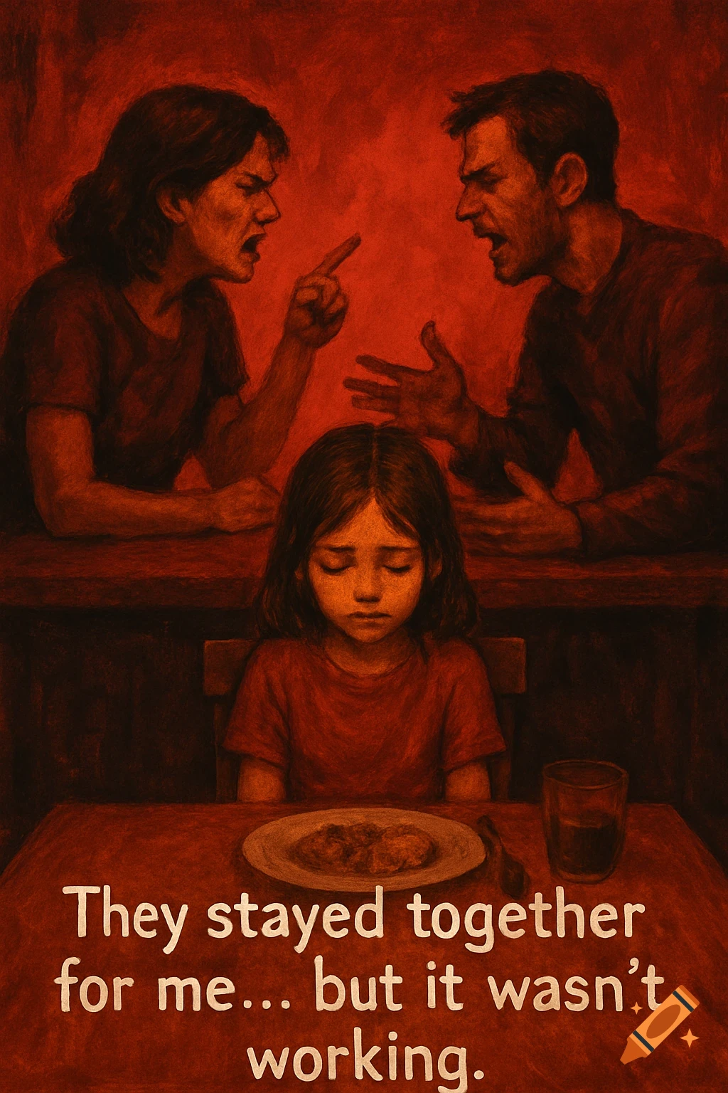 Drawing of parents arguing over a table, a sad child sits between them, red tone dominates. Text reads 'They stayed together for me... but it wasn't working.'