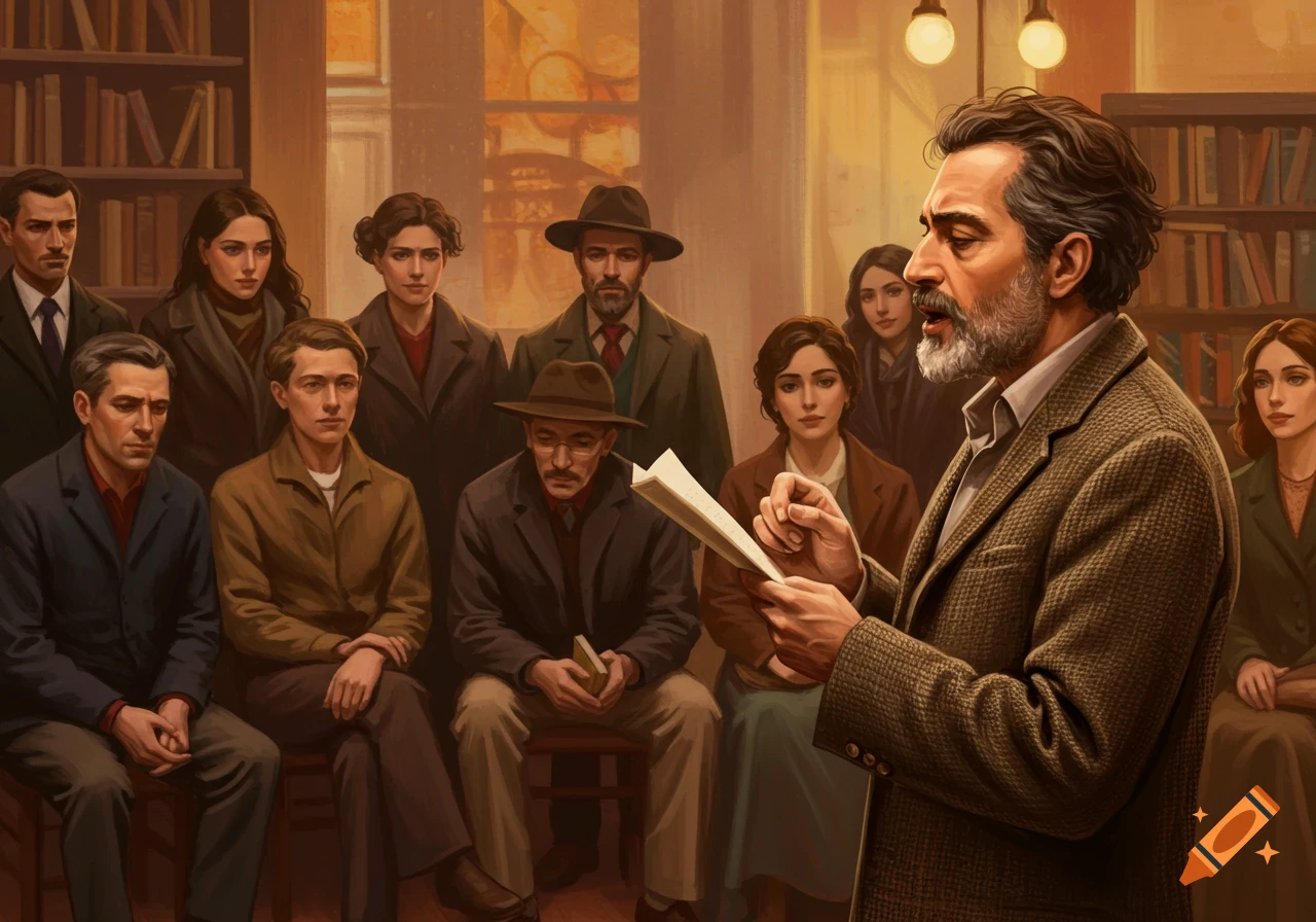 A man reads from paper to a seated group in a room with bookshelves, painted style.