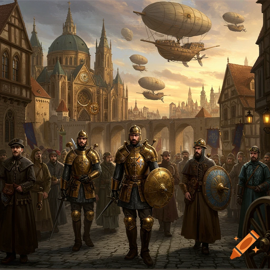 Armored figures stand in a steampunk city with airships flying overhead at sunset.