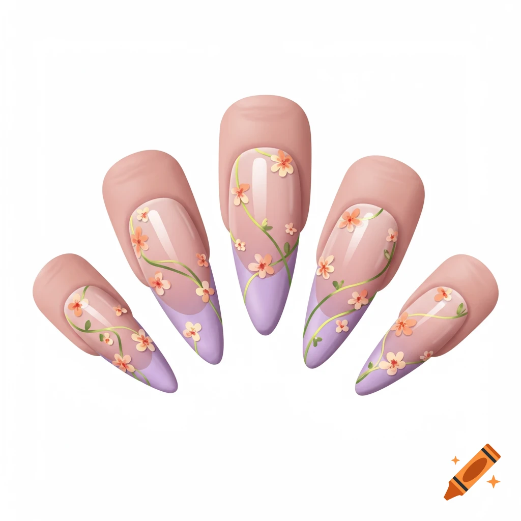Five fingernails with purple French tips and floral design featuring small orange flowers and green vines.