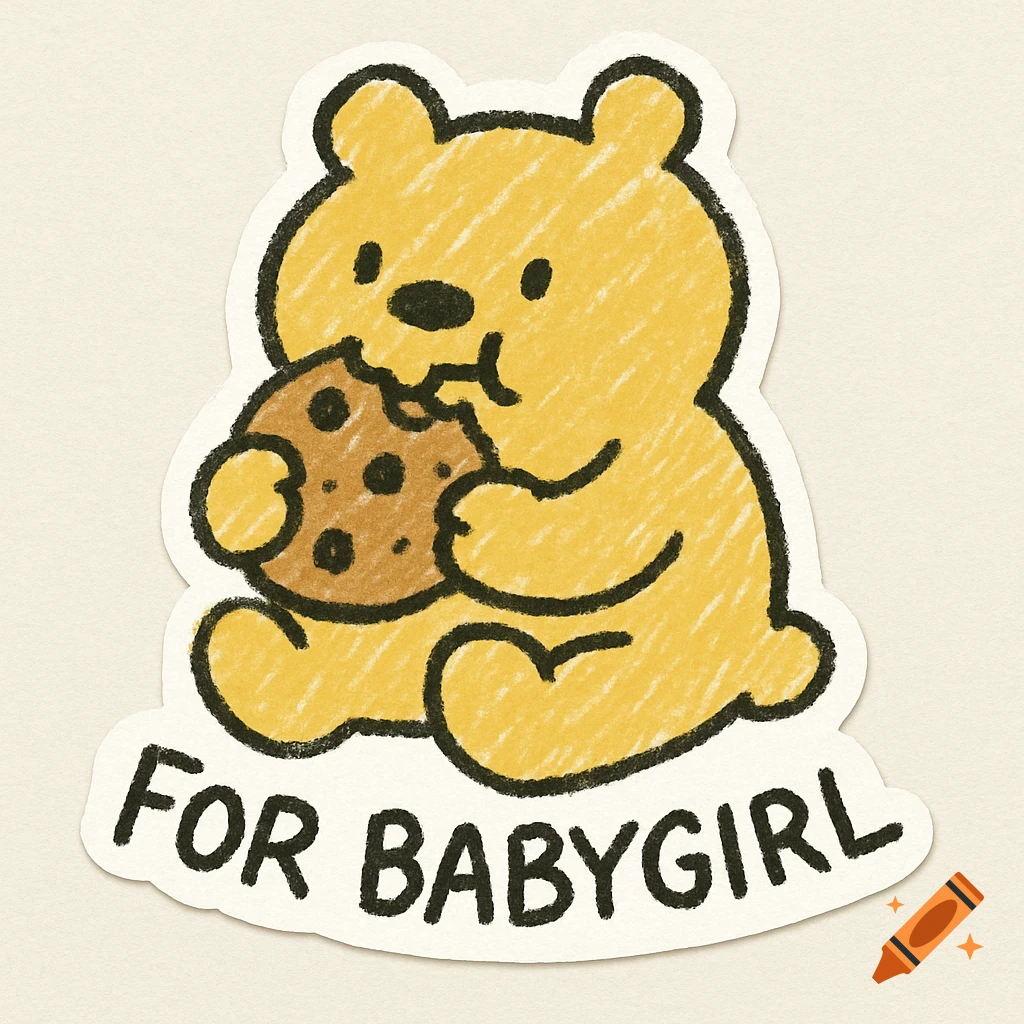A yellow crayon-drawn bear eating a chocolate chip cookie, designed as a sticker, with the text "FOR BABY GIRL" below.