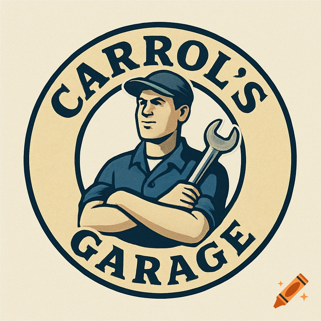 Logo for Carrol's Garage featuring a mechanic with a wrench.
