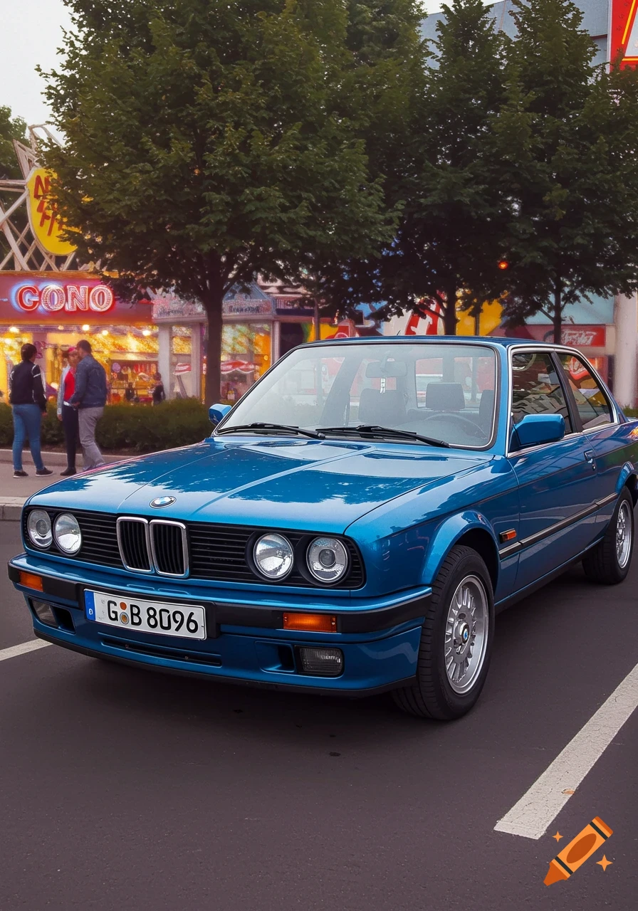 A blue 1980s BMW sedan parked on a street in front of shops and trees.
