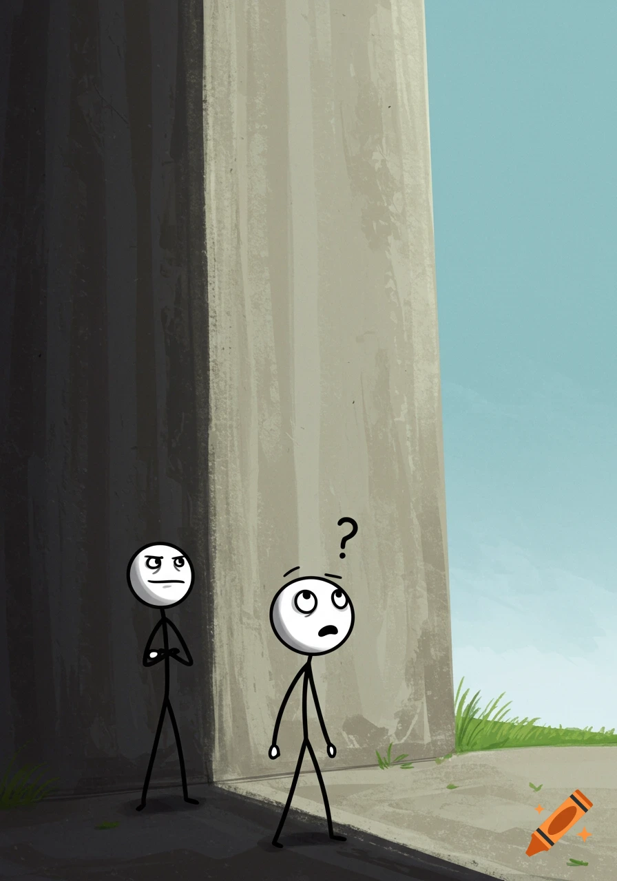 Two stick figures, one confused looking up, the other unimpressed, stand next to a tall wall in a minimalist comic art style.