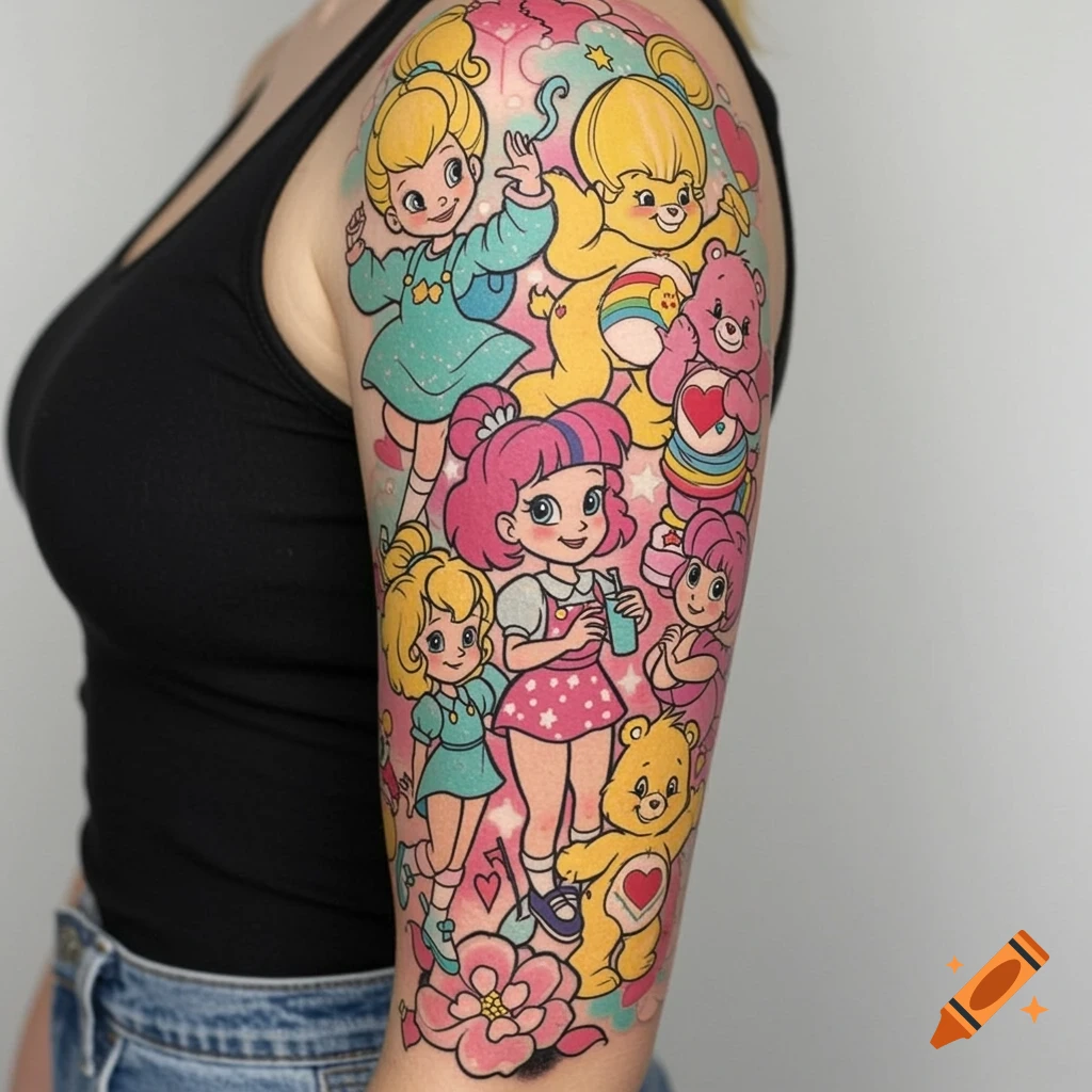 Colorful arm tattoo featuring classic 80s cartoon characters including Care Bears and figures resembling Rainbow Brite.