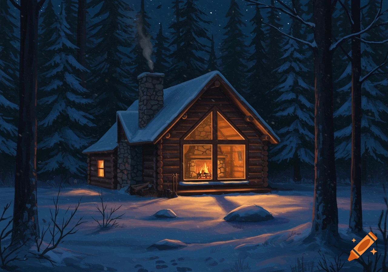 A cozy log cabin in a snowy forest at night with warm light from windows.