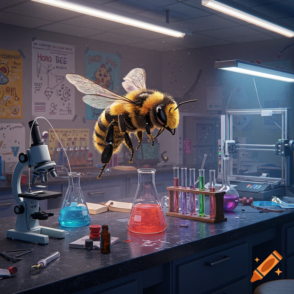 A large bee hovers in a detailed science lab, surrounded by beakers and ...