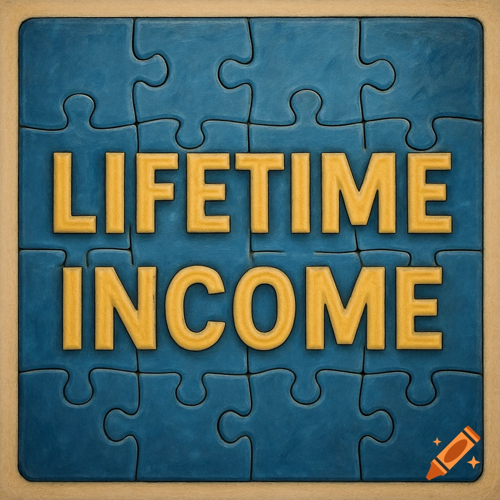 Yellow text LIFETIME INCOME on blue jigsaw puzzle background.